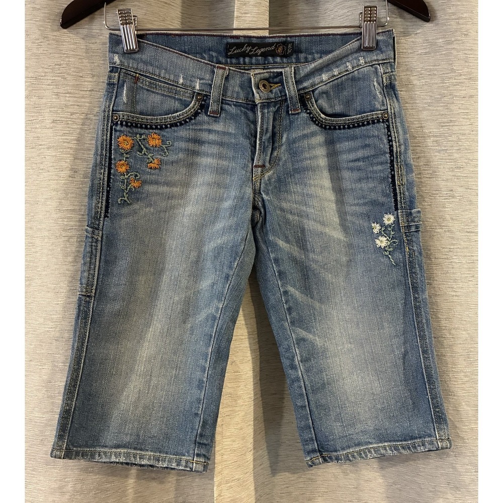 Y2K Lucky Brand Ledgend Embroidered Denim Carpenter Capri Size 24